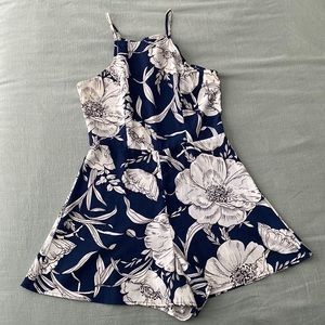 Blue Rain romper; floral navy blue and white